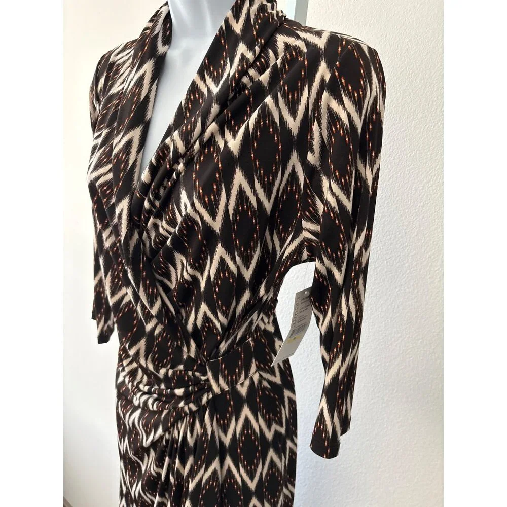 NWT Karen Kane Dress Size M Boho Chic Solar Ikat Faux Wrap Gold Sun Brown Black - Picture 11 of 16
